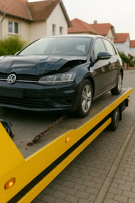 Defektes Fahrzeug wird für den Autoankauf in Lörrach abgeschleppt, um den Verkaufsprozess zu starten.